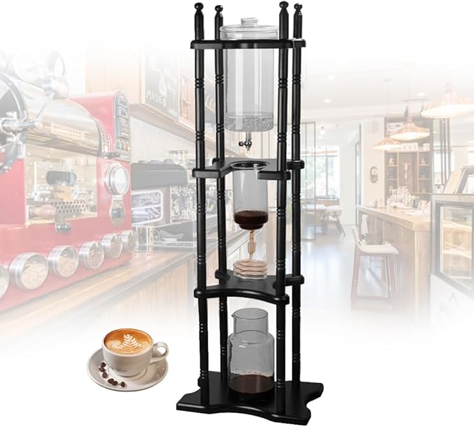 Ice Drip Coffee Tower Cold Brew Coffee Maker with Slow Drip Technology 2L/67.63oz (About 25 Cups) Glass and Solid Wood Frame Retro Design for Home Office or Commercial Use