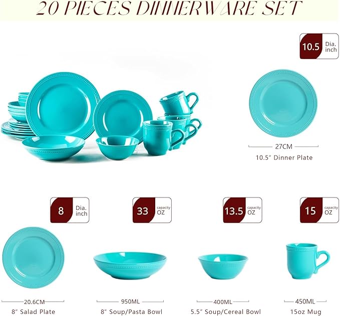 Pearl Dots Stoneware Dinnerware Set (20pc Set Turquoise)