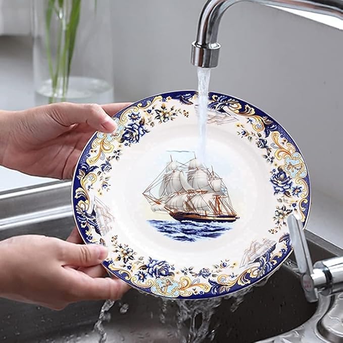 58 Piece Bone China Porcelain Dinnerware Set Sailboat Pattern Ceramic Tableware Collection Plate Set
