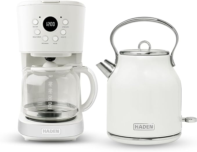 HADEN Coffee Machine 12 Cup Drip Coffee Maker Bundled with Heritage 1.7 Liter Stainless Steel Electric Kettle Ivory &amp Chrome
