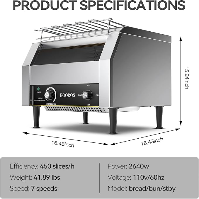 BOOROS Commercial Conveyor Toaster 450 Slices/Hour 2640W Heavy Duty Stainless Steel Commercial Toaster Seven Speed Rotating Toasters Machine for Bagels Buns Bread in RestaurantsBakeriesCafes110V