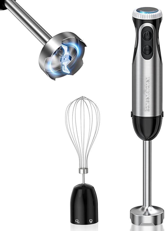 Immersion Handheld Blender Bonsenkitchen 9-Speed Stainless Steel Hand Blender Set with Wall Mounted Bracket Food Grinder Bowl Measuring Mug Egg Whisk for Smoothies Infant Food Sauces Puree