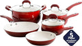 Oster Corbett 8 pc Gradient Red Forged Aluminum Cookware Set With Ceramic Non-stick - Induction Base - Soft Touch Bakelite Handle and Tempered Glass Lids