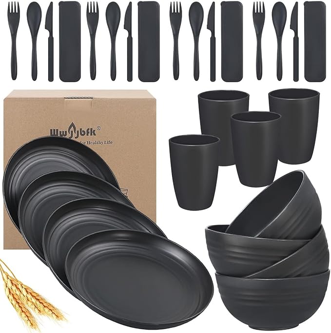 Wheat Straw Dinnerware Sets Wheat Straw Plates and Bowls Sets for 4 Kitchen Dishes 28pcs College Dorm Room Essentials Cutlery Set Microwave Safe (Black)