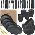 Wheat Straw Dinnerware Sets Wheat Straw Plates and Bowls Sets for 4 Kitchen Dishes 28pcs College Dorm Room Essentials Cutlery Set Microwave Safe (Black)
