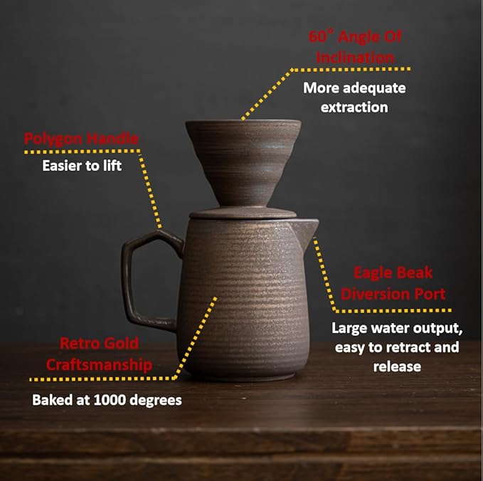 Pour Over Coffee MakerCeramic Coffee Maker With 100 pcs Paper Filter16oz/480ml Pour Over Coffee Dripper (Retro gold)