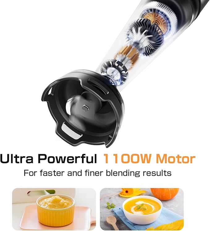Immersion Blender Handheld 1100W - 3 in 1 Hand Blenders Set with Trigger Speed Control Emulsion Stick with Whisk and Milk Frother Emulsifier for Kitchen for Soup Smoothie Puree