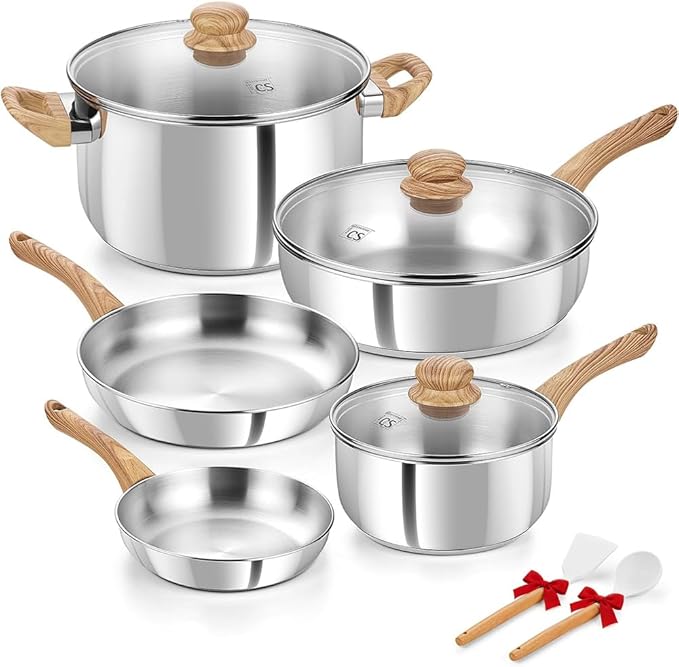 KOCH SYSTEME CS Stainless Steel Coowkare Set 10PCS Professional 18/10 Stainless Steel Pots and Pans Set with Cool-Touch Handles Tri-ply Base Kitchen Cookware Sets Cooking Set Induction Compatible