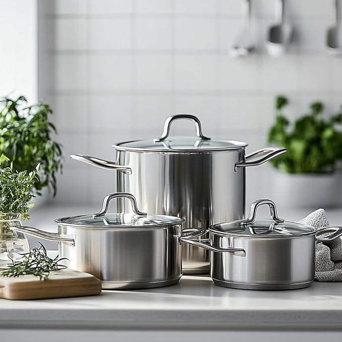 Stainless Steel Cookware Set With 3 Qt. Saucier 3 Qt. Saute And 9.5 Frying Pan Stainless Pots And Pans For Kitchen Clad (5 Piece)