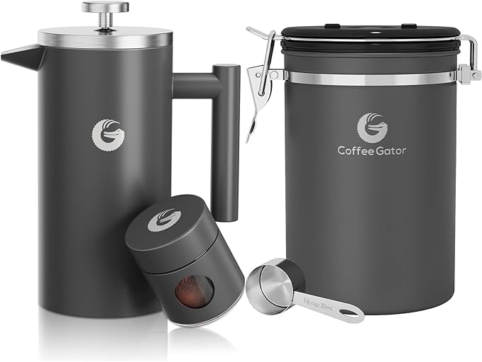 Coffee Gator French Press Coffee Maker 34oz and Coffee Canister 22oz Airtight Stainless Steel