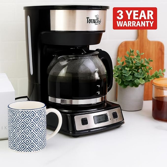 Total Chef Drip Coffee Maker - 12-Cup Programmable Coffee Machine With Glass Pot Pause and Pour Auto Shut-Off Large Water Reservoir Reusable Filter Dishwasher Safe Carafe Percoladora de Café