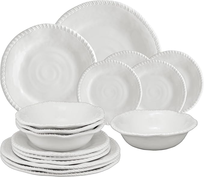 UPware 16 Piece Rope Melamine Dinnerware Sets Outdoor Dishes Set Plates and Bowls Sets Service for 4 White