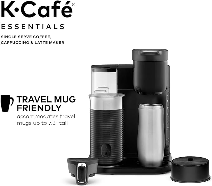 Single Serve Coffee Maker Built-In Milk Frother Latte &amp Cappuccino Brewer Espresso Shot 3 Brew Sizes 42 oz Water Reservoir Travel Mug Friendly Auto-Off Black Compact Design