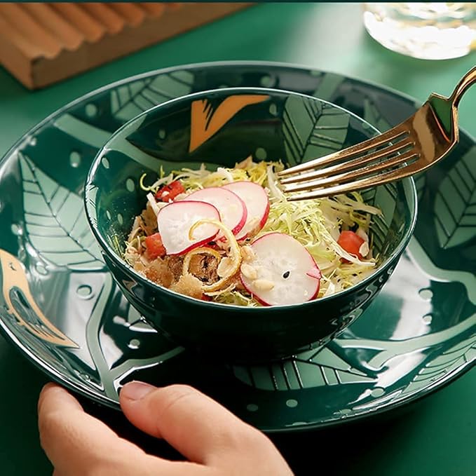 22 Pcs Dinnerware Sets European Style Porcelain Tableware Set With Plates And Bowls Green Golden Ceramic Dinner Set For Home Kitchen