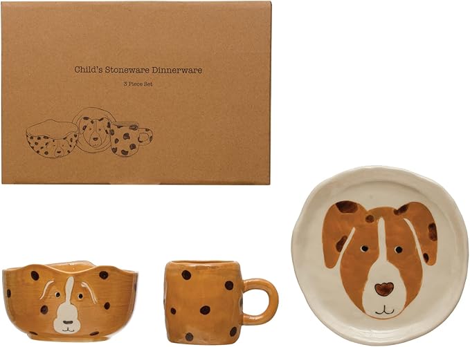 Child's Stoneware Dinnerware with Painted Dogs Boxed Set of 3 Pieces