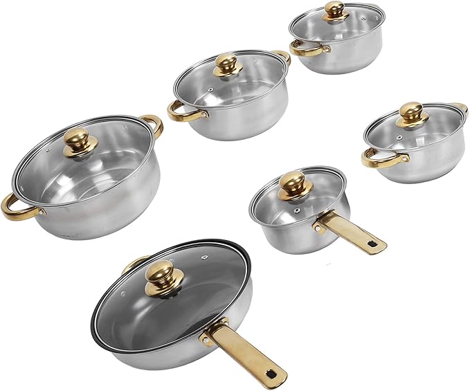 Premium Stainless Steel Cookware Set Rustproof and Stick Proof Safe for Home Kitchen and Restaurant Use (Gold Handle)