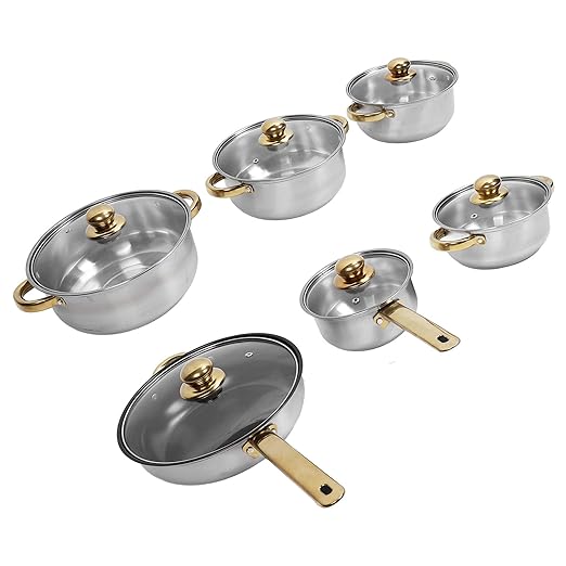 Pots and Pans SetPremium Stainless Steel Cookware Set - Proof and Stick Proof Pan and Pot Set with Gold Handles and Kettle - Ideal for Home Kitchens and Restaurants (Gold Handle)