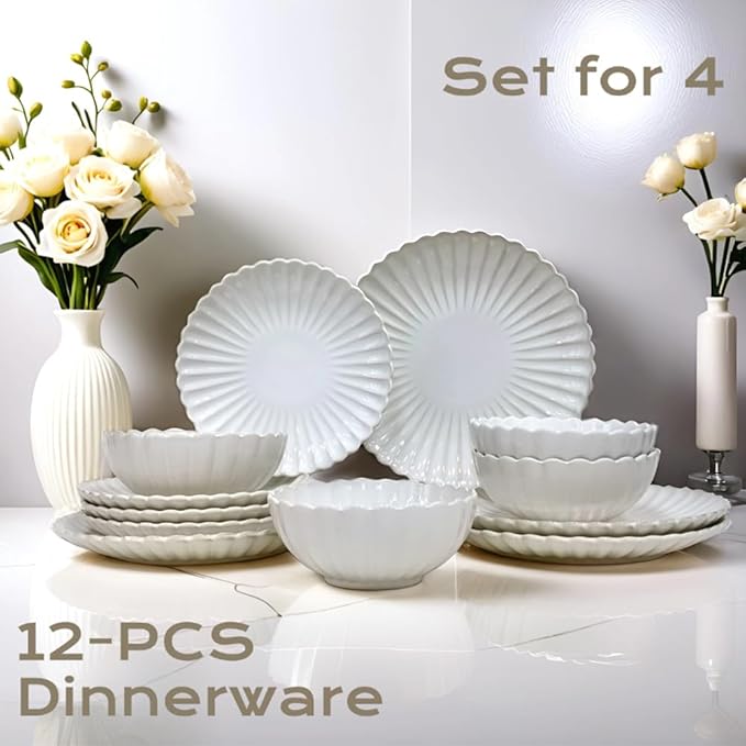 DOMINI 12-Piece Sunflower shape Ceramic Kitchen Dinnerware Set Service for 4 Porcelain Dishes Dinner Set with Dinner Plates Dessert Plates and Pasta BowlsRound-White Sunflower shape