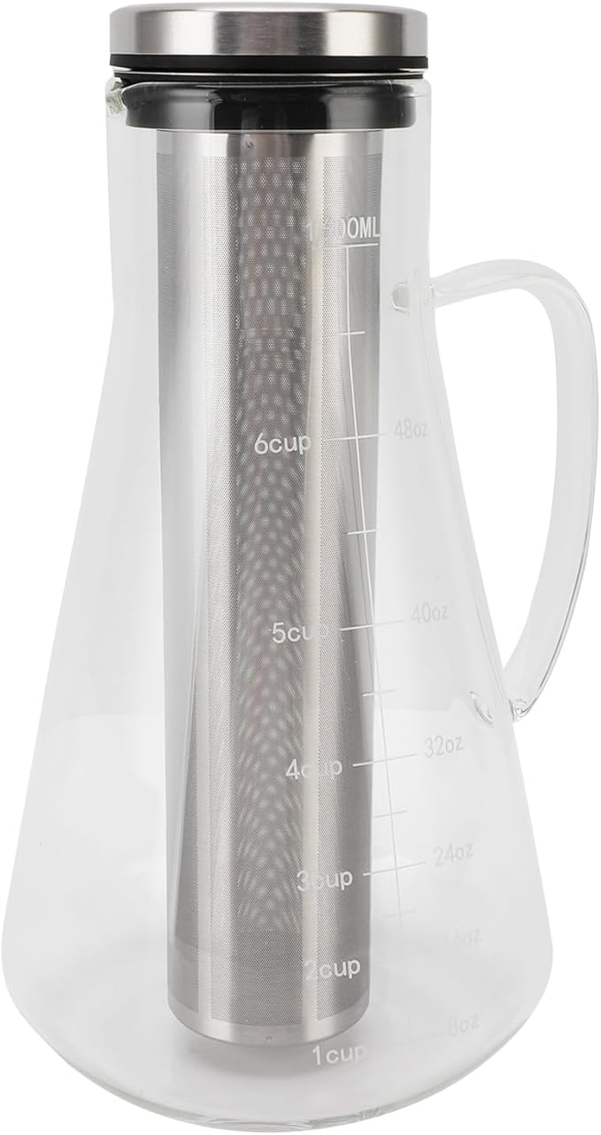 Fafeicy Cold Brew Coffee Maker 1600ML Glass Pitcher with 304 Stainless Steel Filter Leak Proof Lid and Ergonomic Handle with Spout for Iced Coffee Tea and Lemonade