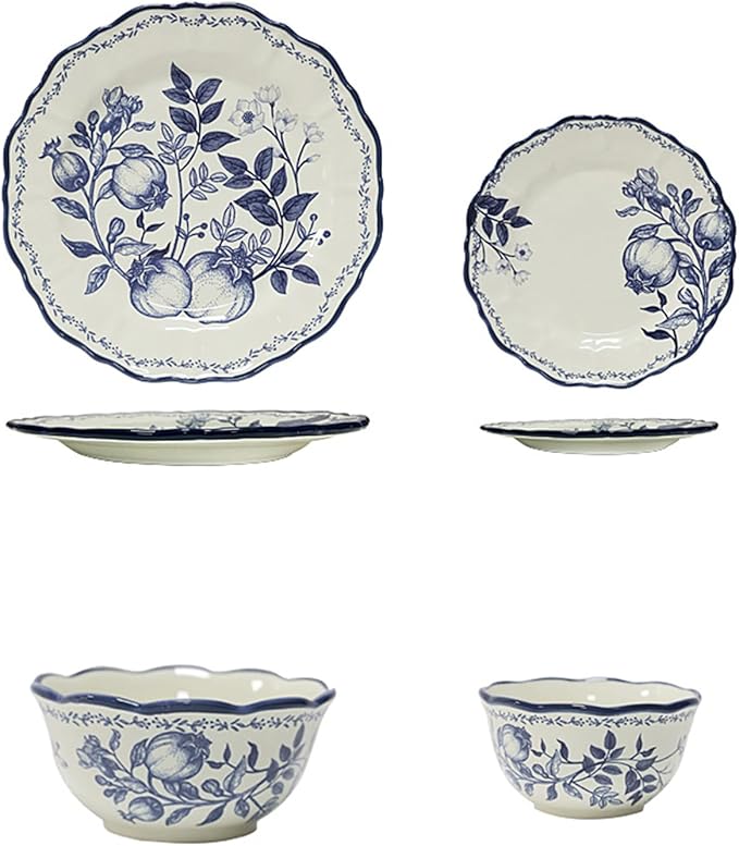 Ceramic BowlSteak Dinner Plate Creative Blue Flower Branches Leaves Vegetable Pattern Bowl Plate Set Tableware Gift Giving Ceramics Dinnerware Set Dishes 4-Pieces Sets