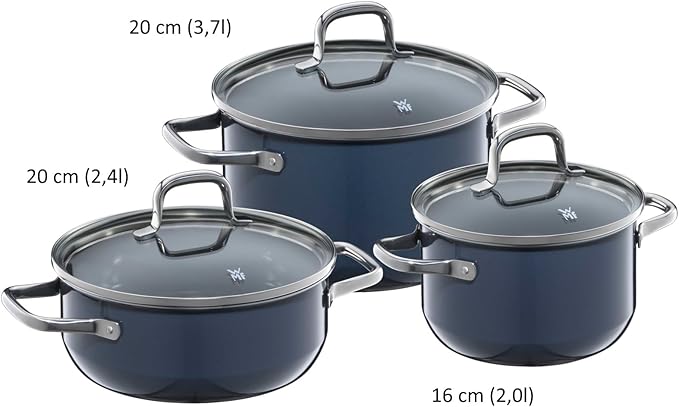 WMF Fusiontec Essential Induction 3-Piece Saucepan Set with Glass Lid Induction Pots Set High-Tech Ceramic Scratch-Resistant Uncoated No Inner Scale Drip-Free Dark Blue