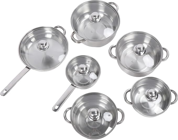 Stainless Steel Cookware Set 6Pcs Induction Compatible Even Heating Heavy Duty Stainless Steel Pots and Pans Set Versatile Kitchen Cookware Sets with Glass Lids for Frying
