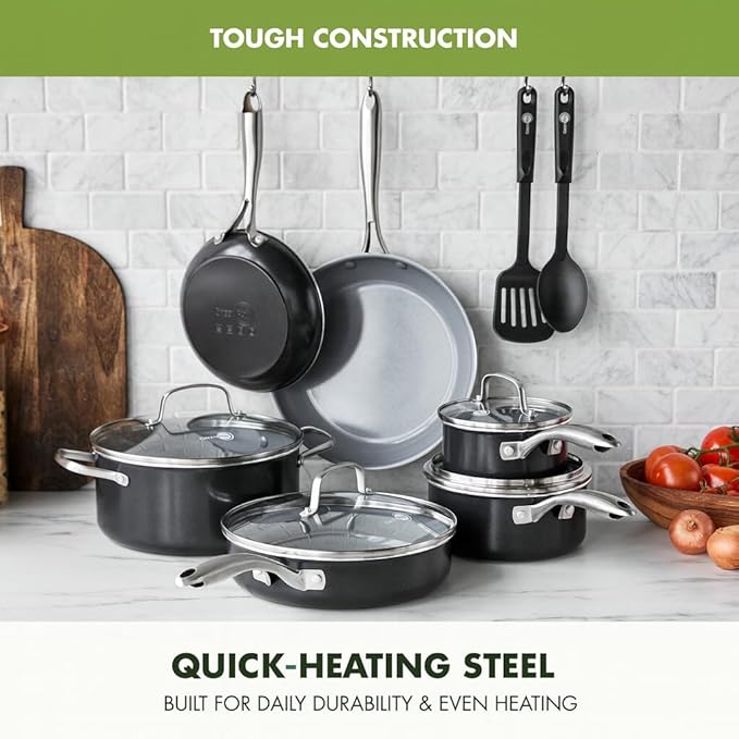 GreenPan 12 Piece Nonstick Swift Cookware Set Ceramic PFAS-Free Pots &amp Pans with Lids Dishwasher &amp Oven/Broiler Safe to 600F Kitchen Cooking Set Sauce Saute Stock Frying Pans Gray