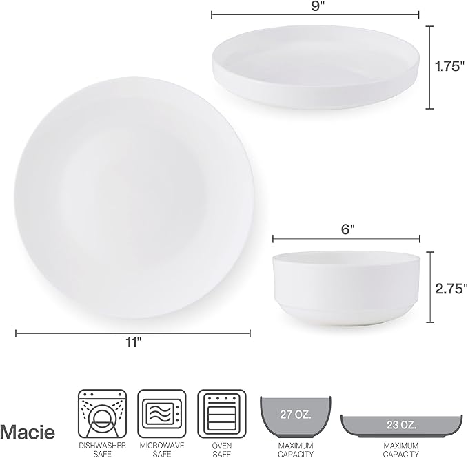Mikasa Macie Bone China Lightweight Chip Resistant 12 Piece Dinnerware Set Service for 4 White