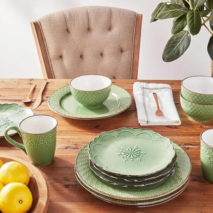 Dinnerware Set 16 Piece Green Dinner Plate Dishes and Plates Sets Embossed Pattern