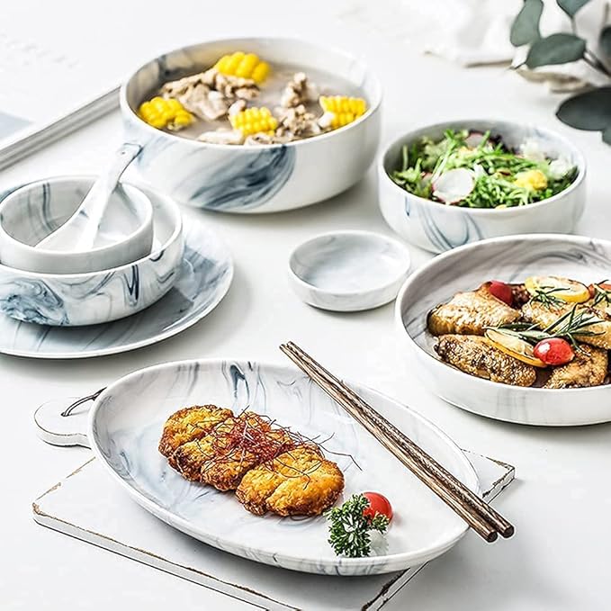 Dinnerware Sets - Luxury Gift Dishes Service Set Ceramic Dinnerware Sets Ins Nordic Creative Plate and Bowl Set Marble Pattern Kitchen Kitchen Plate Set Dishwasher Microwave Safe(12Pcs)