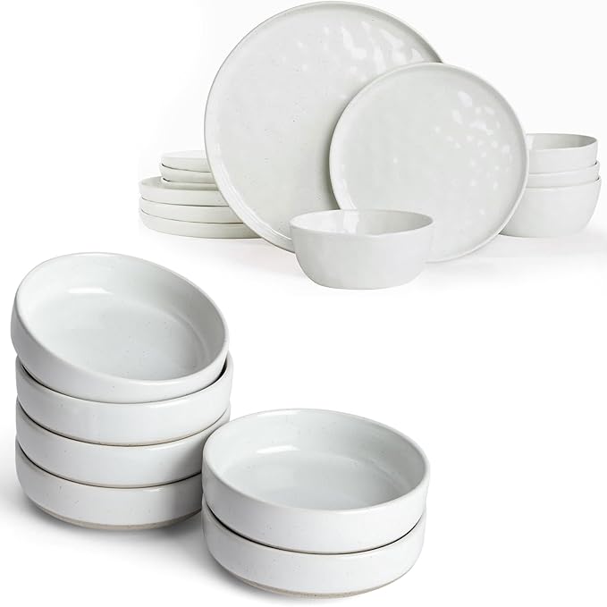 Famiware Mars Plates and Bowls Set of 12 and Milkyway 4oz Dipping Bowls Set of 6 18 Pieces Dinnerware Sets White