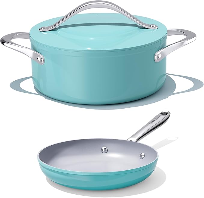 Ceramic Nonstick Cookware Set 8 Fry Pan &amp 4.5qt Dutch Oven PFAS/PTFE/PFOA Free Even Heat Distribution All Cooktops Compatible Oven Safe to 500°F (Caribbean Blue)