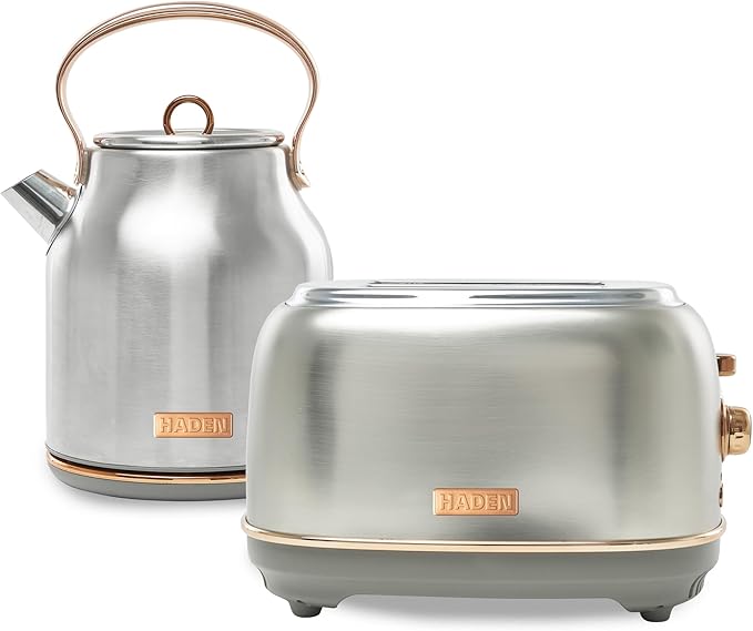 Haden Heritage 4 Slice Wide Slot Stainless Steel Toaster Bundled with 1.7 Liter Stainless Steel Electric Water Kettle Steel &amp Copper