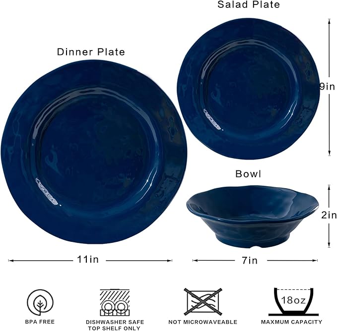 LEHAHA Blue 18-Piece Dinnerware Place Setting Melamine Dishes for Indoor and Outdoor Dining BPA Free Reusable Lightweight Dishwasher Safe Not Microwaveable