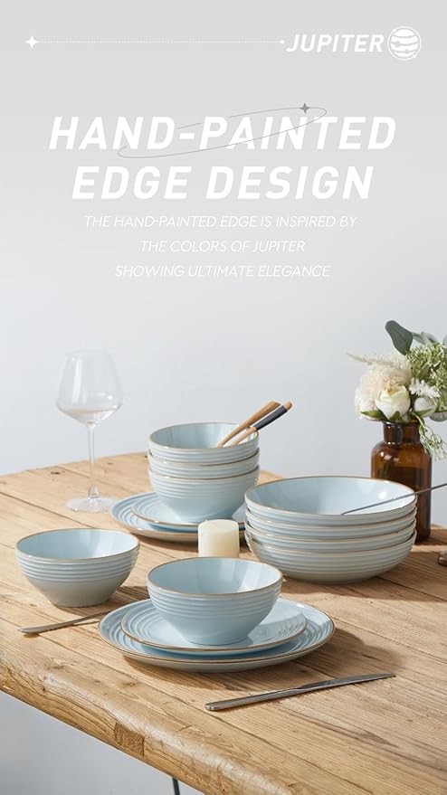 Famiware Jupiter Plates and Bowls Set with Coffee Mugs Set 16 Pieces Dinnerware Sets Light Blue
