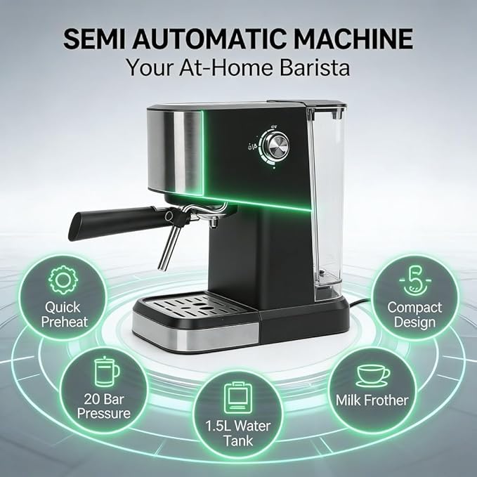 Semi Automatic Compact Coffee Machine 20 Bar Milk Frother Steam Wand 1.5L Water Tank - Quick Preheat Stylish Design Ideal for Home Cappuccino and Latte