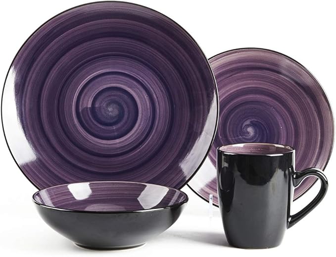 Sonoma 16 Piece Stoneware Dinner Set Samoa Outside Black + Inside Hand painted Combi Colors of Grey Orange Purple and Turquoise) with speckle