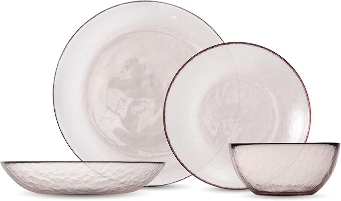 FORTESSA Los Cabos Tableware 16-Piece Glass Dinnerware Set with 4 Dinner Plates 4 Salad Plates 4 Coupe Bowls and 4 Cereal Bowls Dishwasher-Safe Glass Plate Set Pink