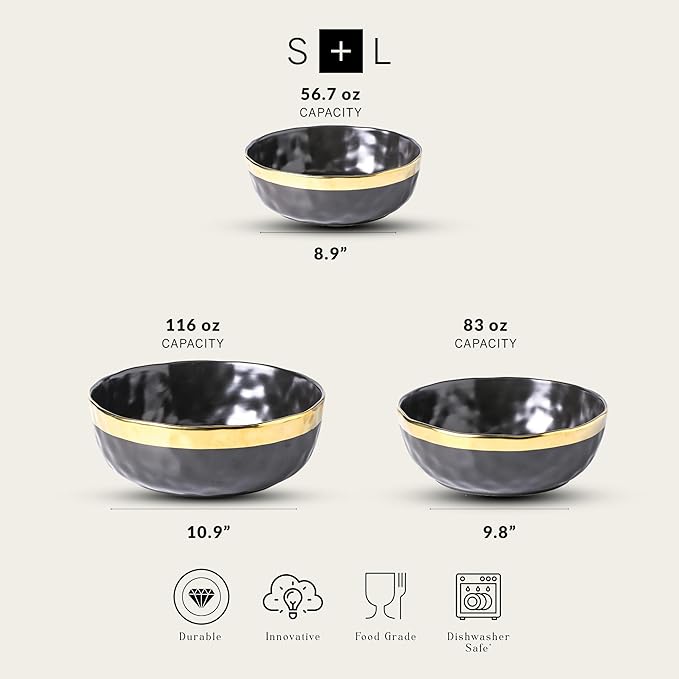 Stone Lain Florian Porcelain 3-Piece Round Bowl Service Set Black with Gold Rim