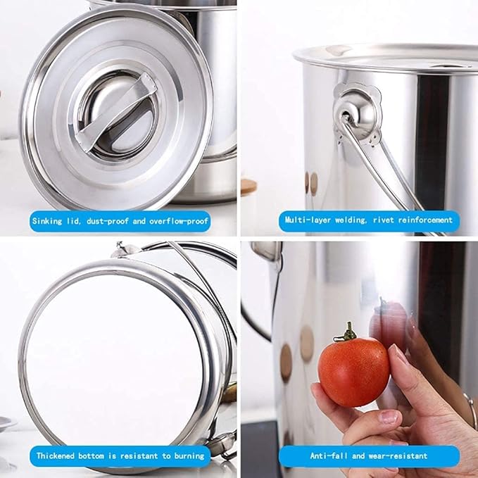 Stainless Steel Bucket with Lid Commercial Soup Bucket Household Thick Durable Large-Capacity Multi-Purpose Water Storage Bucket Used for Gas Stove/Induction CookerA35cm