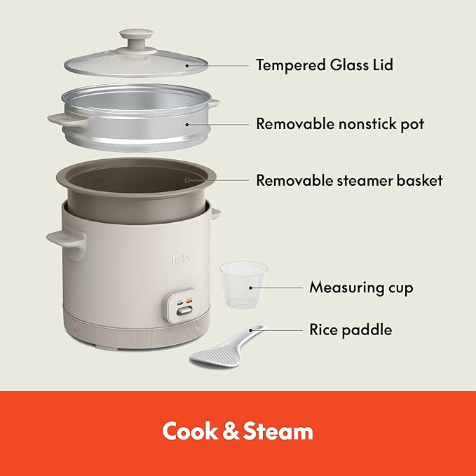 bella 16 Cup Rice Cooker with Steamer Dishwasher Safe Steaming Basket Rice Paddle and Measuring Cup Removable Nonstick Cooking Bowl Automatic Keep Warm Function 400 Watt Oatmilk