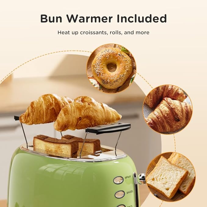 Toaster Retro 2 Slice Vintage Green Toaster with Lid with Bread Attachment Preheat Defrost And Cancel Functions 6 Browning Levels (Green)