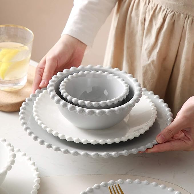 Ceramics Dinner Sets22 Pieces Creativity Pearl Edge Porcelain Dinnerware Set|Steak Plate and Cereal Bowl for Family Gathering and Wedding Gifts