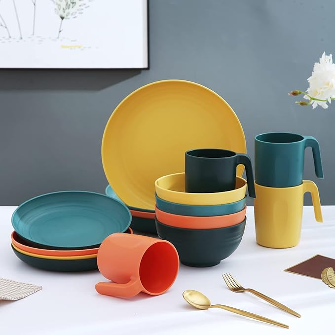 Kyraton Plastic Dinnerware Set of 16 Pieces Unbreakable And Reusable Light Weight Plates Mugs Bowls Dishes Easy to Carry And Clean Microwave Safe BPA Free Dishwasher Safe Service For 4 (Mutil Color)