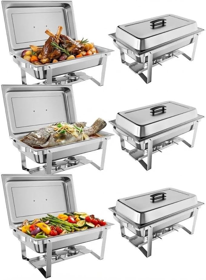 Professional Buffet Food Warmer Set – 8QT Rectangular Stainless Steel Chafing Dishes – Includes Water Pan Lid &amp Fuel Holders – Portable Chafer for Catering Parties Events – 6-Pack