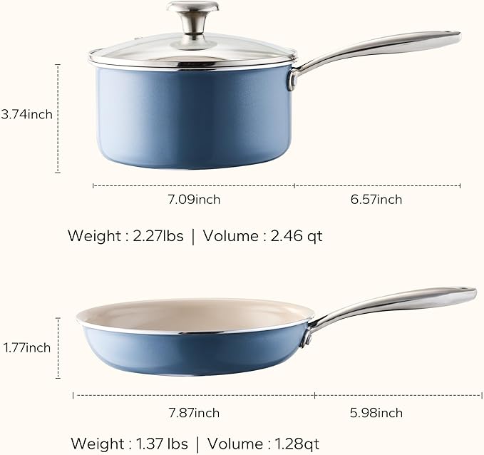 Redchef Sauce Pan Cookware Set 8 Non-Stick Ceramic Frying Pan &amp 2.5QT Saucepans with Tempered Glass Lid Stay-Cool Handle Non Toxic PTFE &amp PFOA Free Oven Safe &amp Stovetop Suitable Blue