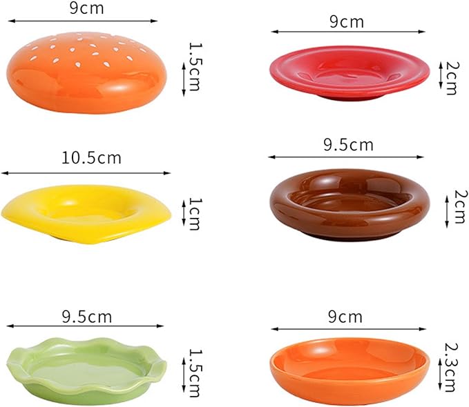 Hamburger Plate Set Ceramic Hamburger Plates And Bowls Sets 5-Piece Novelty Stackable Burger Dinnerware Set Cute Hamburg Style Dessert Plates Dishwasher Safety (Small-3.74 * 3.74 * 3.62 in)