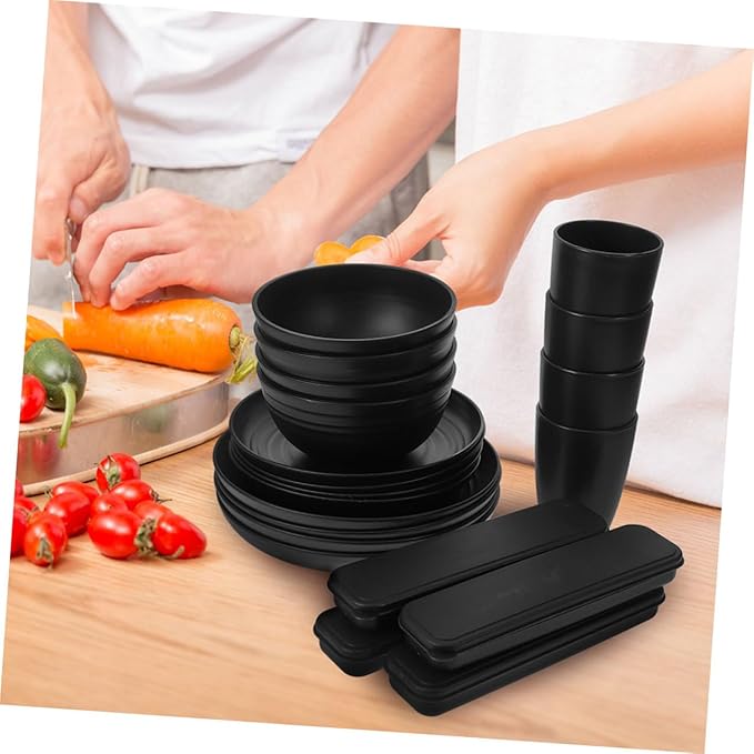 20pcs Black Dinnerware Set for 4 People with Cutlery Bowls Plates and Cups – Reusable Portable Utensils for Picnic and Camping Lunch Boxes