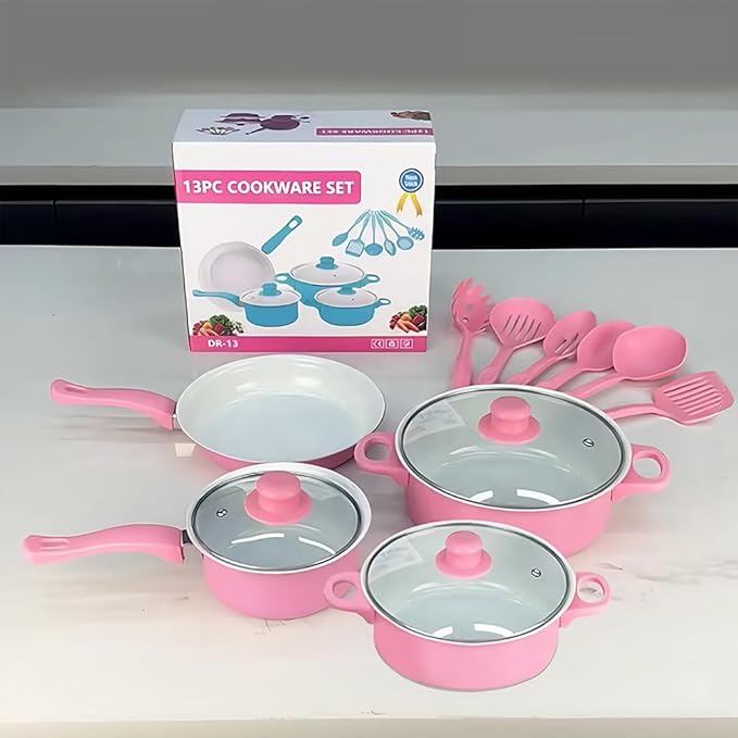 13 Piece Set Cookware Set Non-Stick Portable Lightweight Iron Pots and Pans with Glass Lids and Nylon Utensils for Outdoor Camping Picnic Travel Cookware