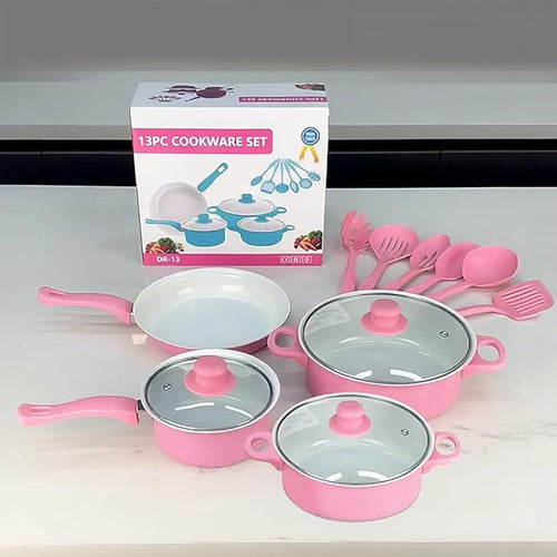 13 Piece Set Cookware Set Non-Stick Portable Lightweight Iron Pots and Pans with Glass Lids and Nylon Utensils for Outdoor Camping Picnic Travel Cookware